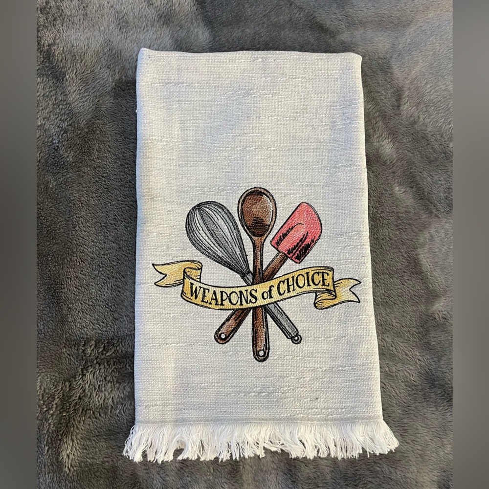 Embroidered Ladinne brand oversized kitchen towel with Cooking Utensils Design